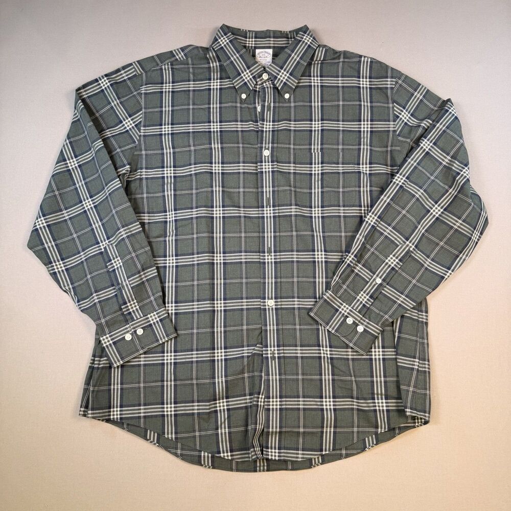 Brooks Brothers Shirt Mens 2XL Regent Plaid Button Down Green Gray Long Sleeve